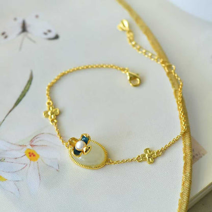 Ancient-Style Silver Inlaid Hetian Nephrite "Lotus & Annual Auspiciousness" Jewelry Set