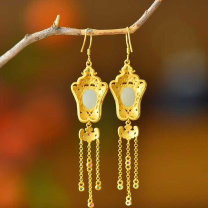 925 Silver Inlaid Hetian Nephrite "Lotus, Blessing, Longevity & Ruyi" Enamel Tassel Earrings