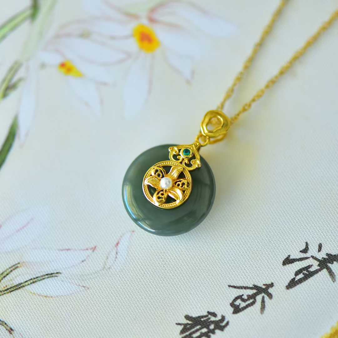 925 Silver Inlaid Hetian Nephrite "Peace Buckle & Lily" Pendant