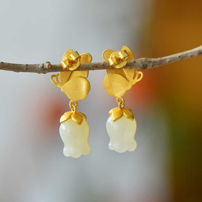 925 Silver Inlaid Nephrite Pomegranate Flower and Butterfly Earrings