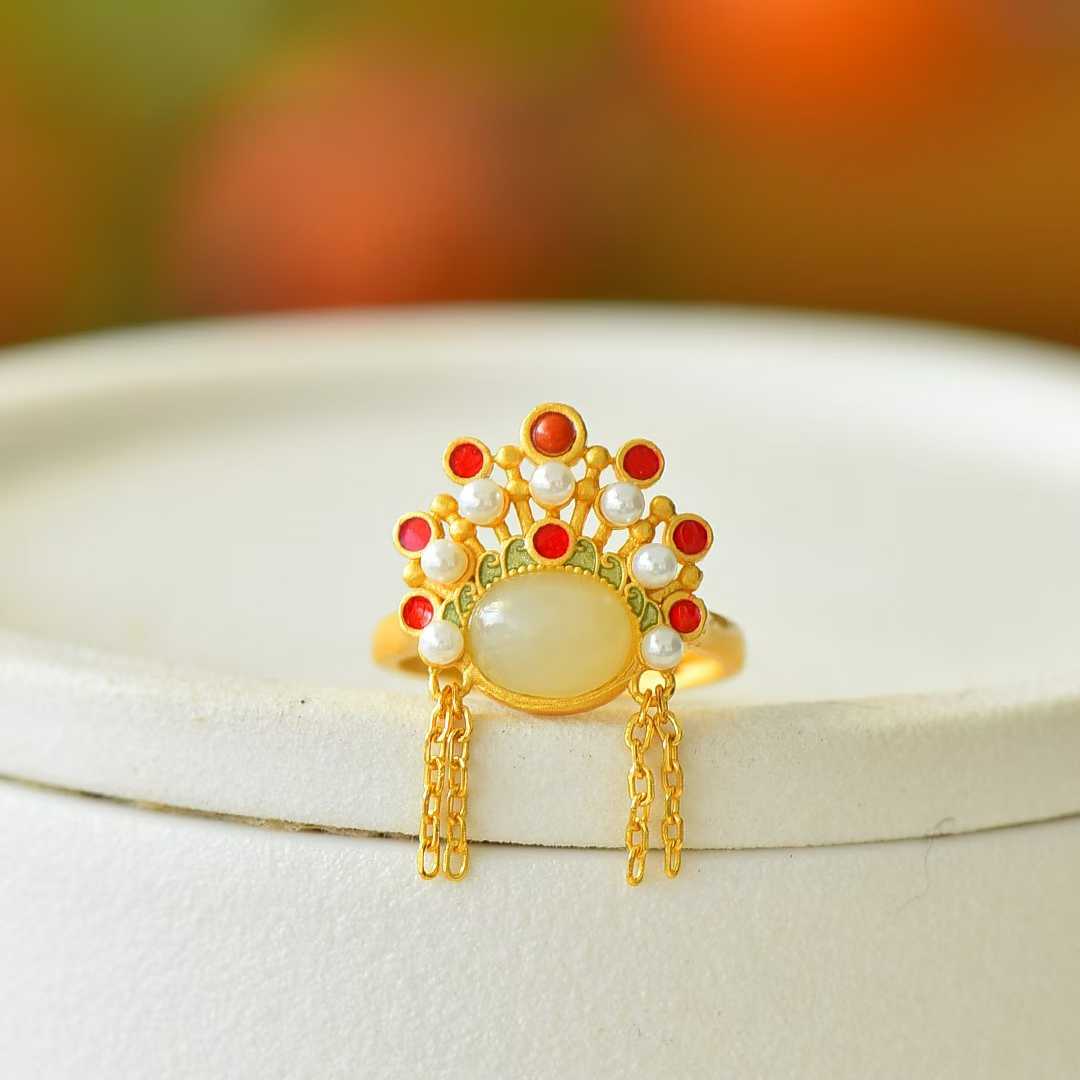 925 Silver Inlaid Hetian Nephrite "Phoenix Crown" Ring