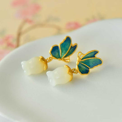 925 Silver Inlaid Nephrite Pomegranate Flower and Butterfly Earrings