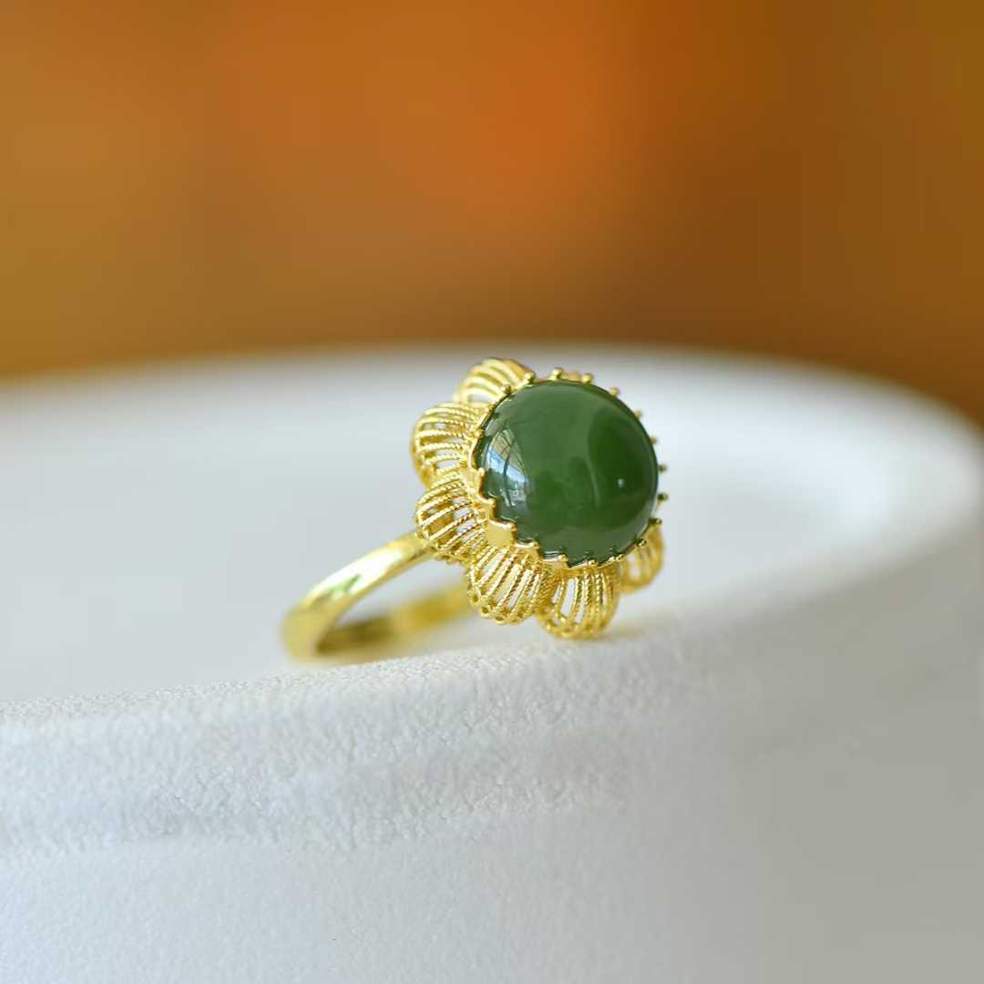 925 Silver Inlaid Hetian Nephrite Cabochon Hollow-Out Ring