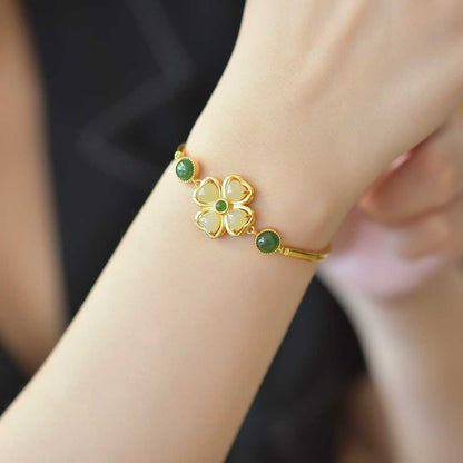 925 Silver Inlaid Hetian Nephrite "Luck Arrives" Four-Leaf Clover Bracelet