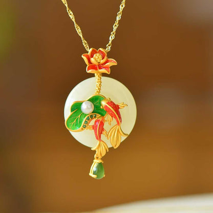 925 Silver-Inlaid Hetian Jade Enamel Pendant with "Ping'an Kou" (Peace Buckle) & "Two Fish Playing Among Lotus" Design