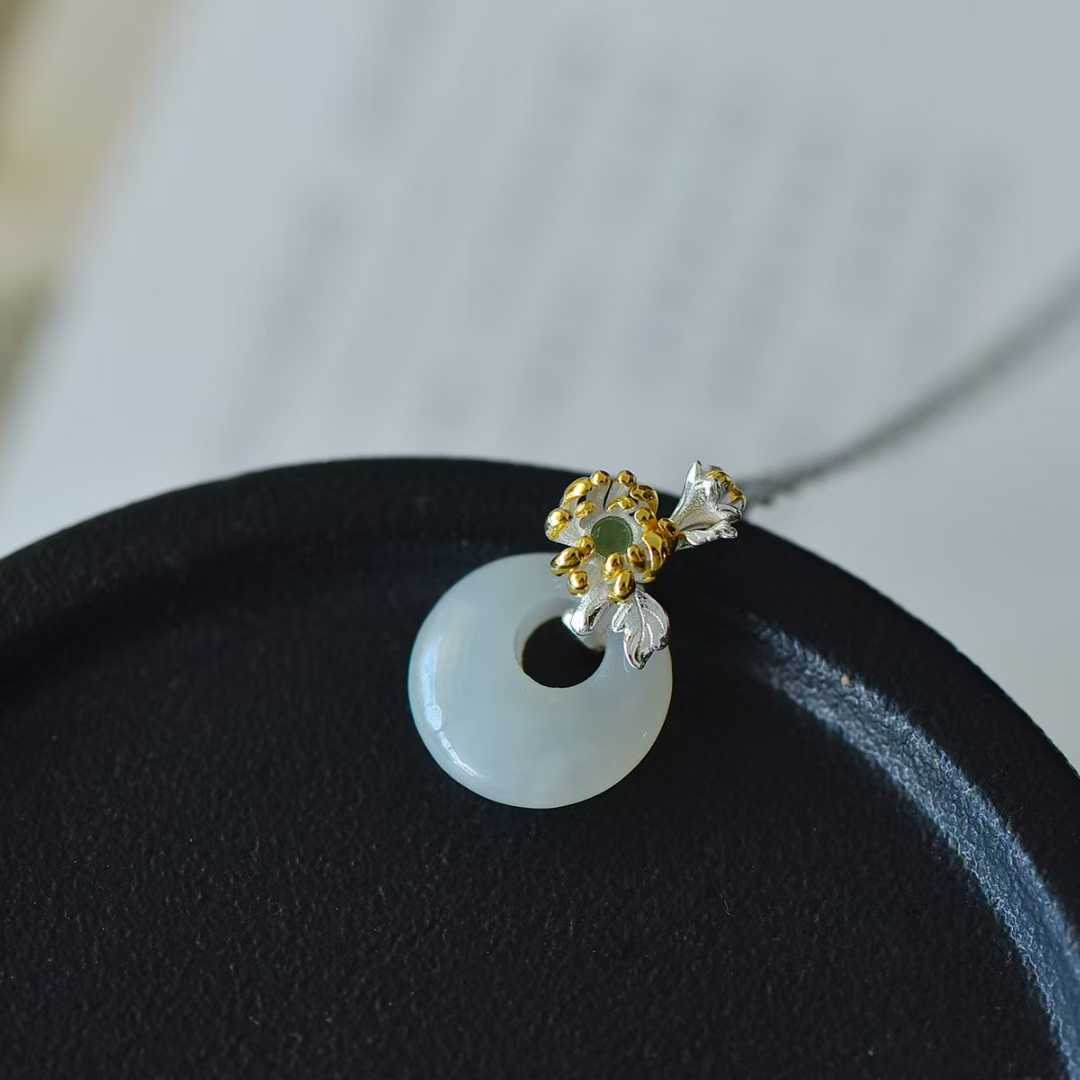 925 Silver Inlaid Hetian Nephrite "September Chrysanthemum (Twelve Flower Gods)" Jewelry Set