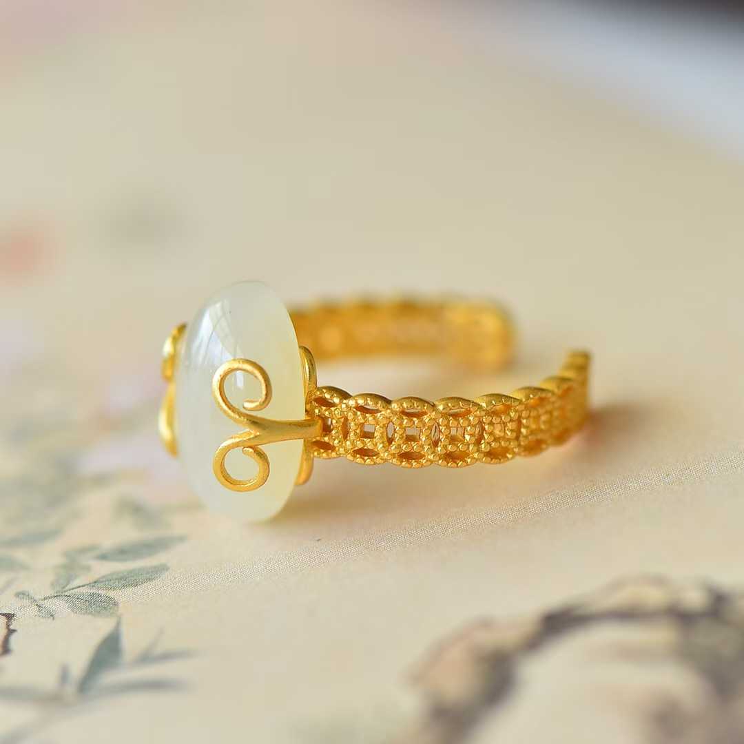 925 Silver Inlaid White Hetian Nephrite "Auspicious Copper Coin" Ring
