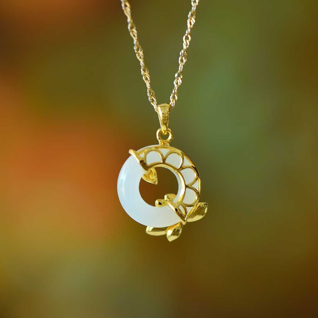 925 Silver Inlaid Hetian Nephrite Peace Ring & Lotus Pendant