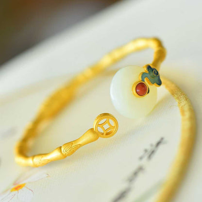 925 Silver Inlaid Hetian Nephrite "Peace Buckle & Auspicious Clouds" Bracelet