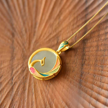 925 Silver Inlaid Nephrite "Phoenix Looking Back" Pendant