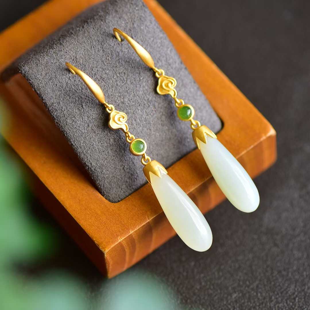 925 Silver Inlaid White Hetian Nephrite Long Drop Earrings