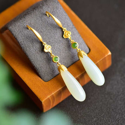 925 Silver Inlaid White Hetian Nephrite Long Drop Earrings
