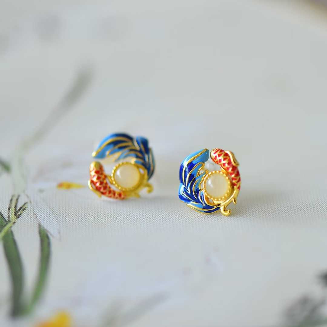 925 Silver Inlaid White Hetian Nephrite "Koi & Luster" Stud Earrings