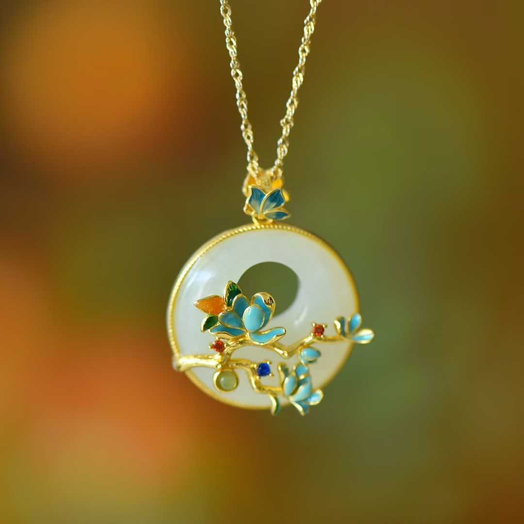 925 Silver Inlaid Hetian Nephrite "Princess Buckle & Butterfly-on-Flower" Pendant