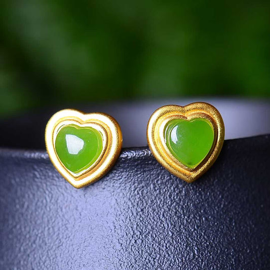 925 Silver Inlaid Hetian Spinach Green Nephrite Heart-Shaped Stud Earrings