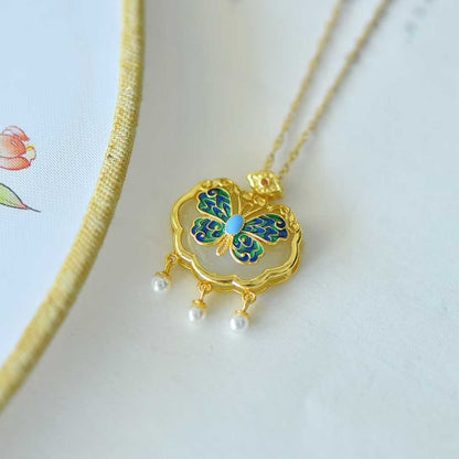925 Silver Inlaid Hetian Nephrite "Ruyi Lock & Dream Butterfly" Pendant
