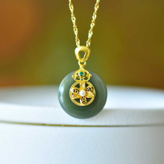 925 Silver Inlaid Hetian Nephrite "Peace Buckle & Lily" Pendant