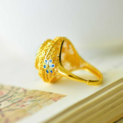 925 Silver Inlaid Nephrite "All the Way Blossoming" Ring