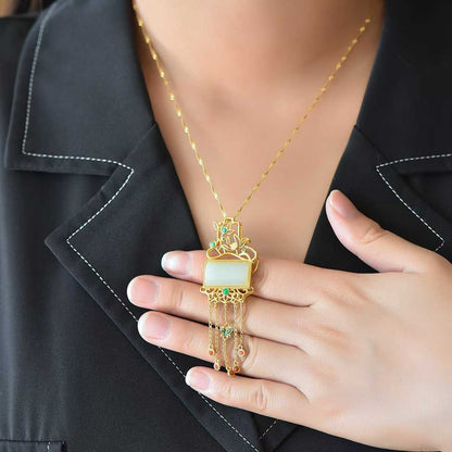 925 Silver-Inlaid Hetian Jade Pendant with "Lotus (Symbolizing Harmony & Bliss)" Design & Tassel