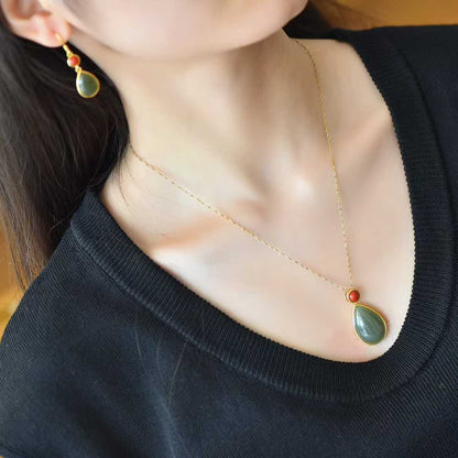 S925 Silver Inlaid Hetian Nephrite "Water Drop & Cinnabar" Minimalist Elegance Jewelry Set
