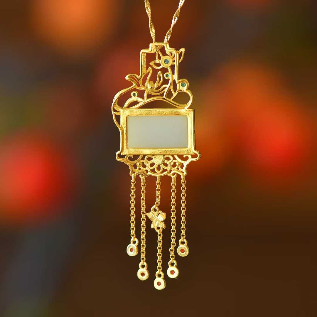 925 Silver-Inlaid Hetian Jade Pendant with "Lotus (Symbolizing Harmony & Bliss)" Design & Tassel