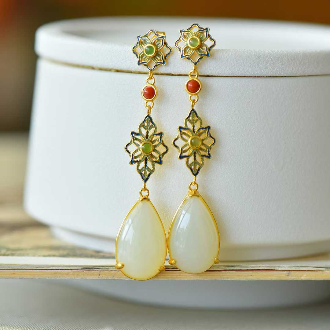 925 Silver Inlaid Nephrite "Flowers Bloom in Prosperity" Teardrop Earrings