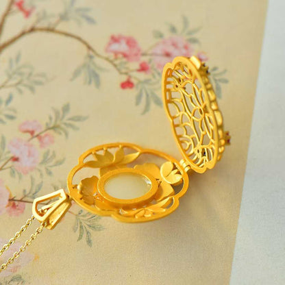 925 Silver-Inlaid Hetian Jade Pendant with Enameled Zircon, "Two Butterflies Flying Together" Design & Scent Sachet Compartment