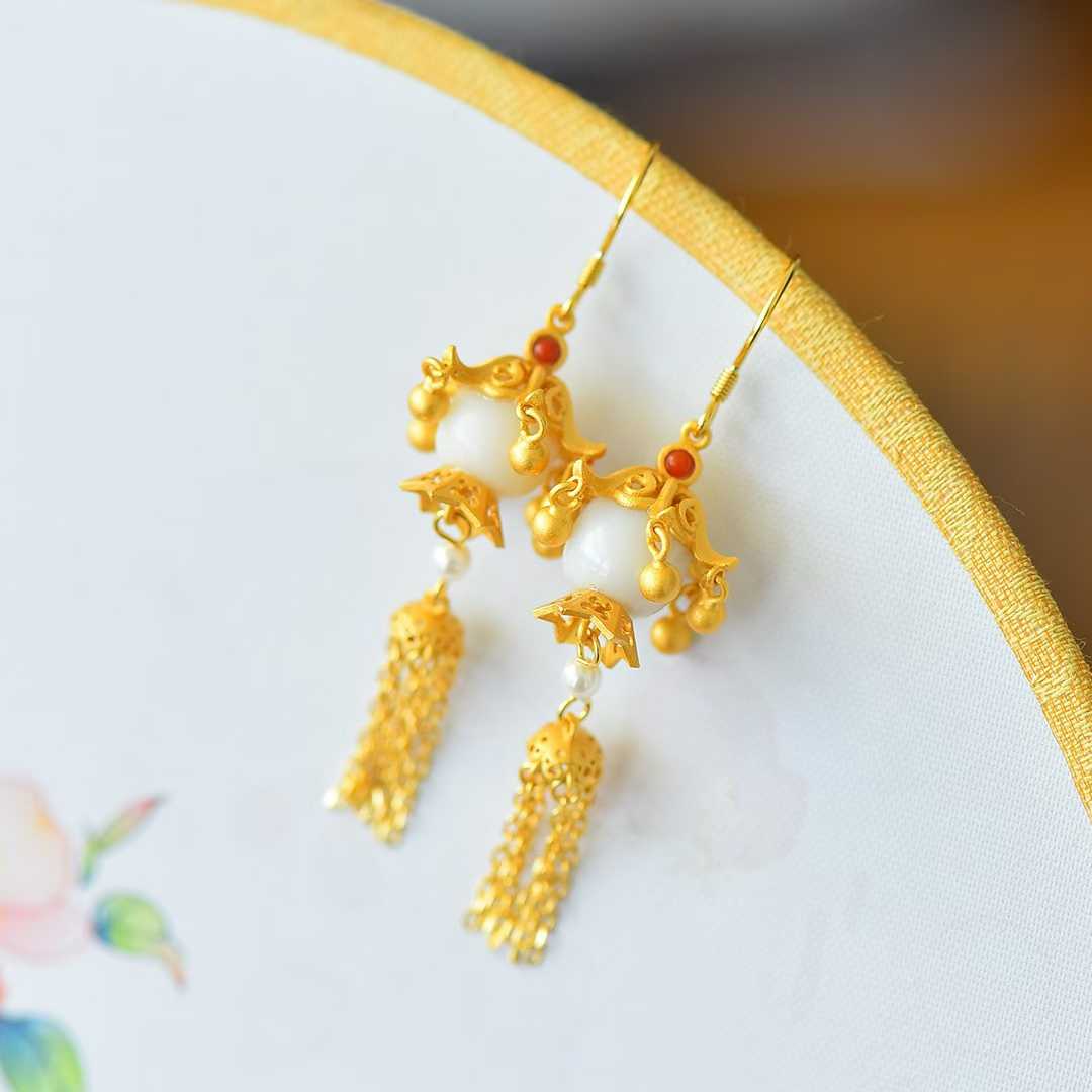 925 Silver Inlaid Hetian Nephrite Fine-Material Old-Style Bead "Thousands of Lit Households" Tassel Earrings