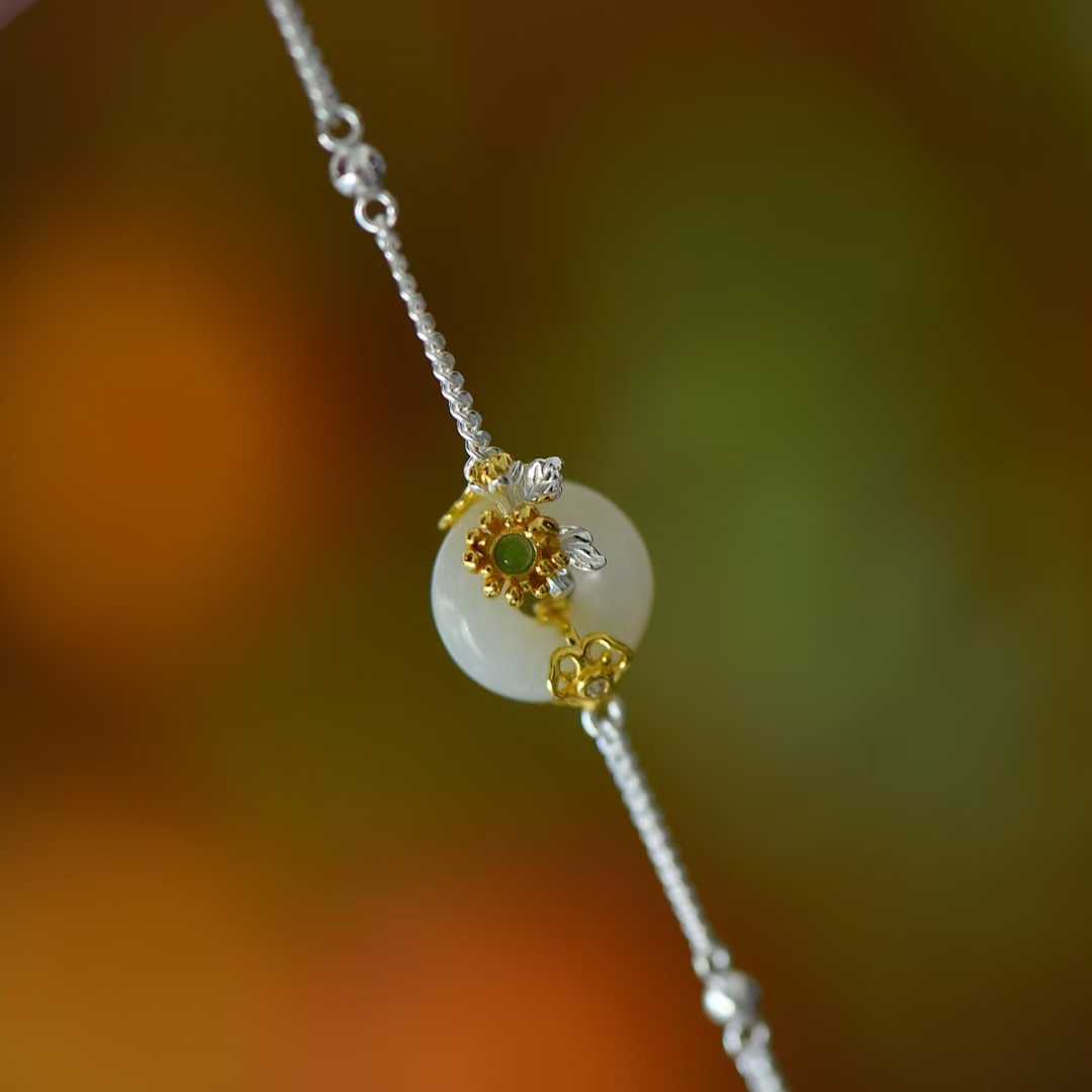 925 Silver Inlaid Hetian Nephrite "September Chrysanthemum (Twelve Flower Gods)" Jewelry Set