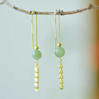 925 Silver Inlaid Hetian Qingshui Jade 8mm Full-Drilled Bead Phoenix Tail Plain Silver Earrings