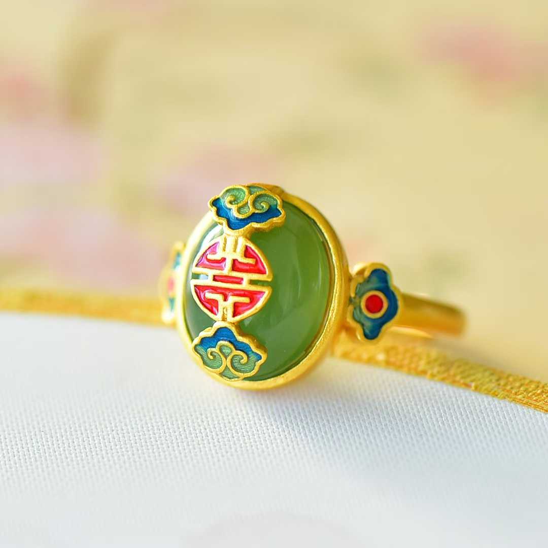 925 Silver Inlaid Hetian Green Nephrite "Contentment & Fulfillment" Jewelry Set