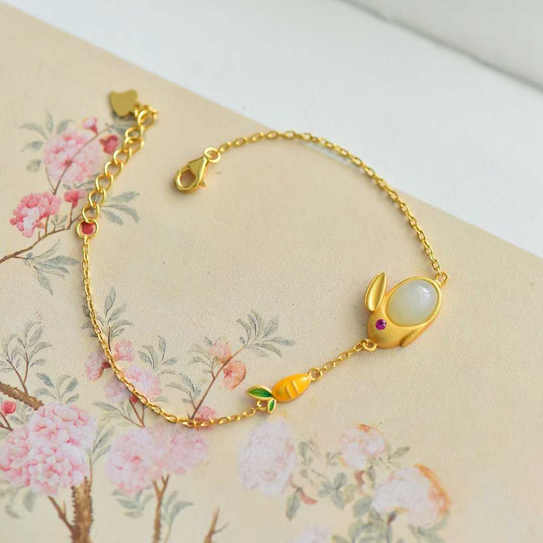 Ancient-Style Silver & Hetian Nephrite Little Rabbit Set with Thick Matte Gold Finish