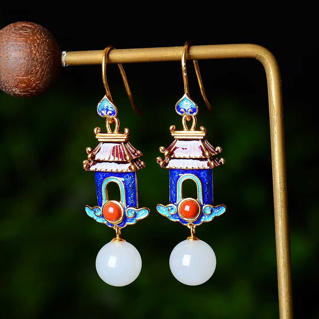 925 Silver Inlaid 10mm White Jade Enamel Earrings