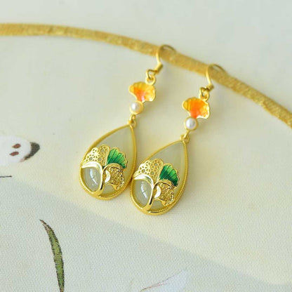 925 Silver Inlaid Nephrite "Destiny in Apricots" Teardrop Earrings