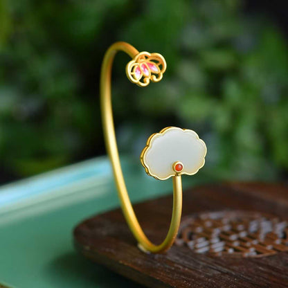 S925 Silver Inlaid Hetian Nephrite "Lotus & Year-Round Ruyi" Bracelet