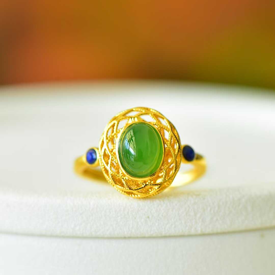 925 Silver Inlaid Hetian Spinach Green Nephrite Filigree-Wrapped Ring