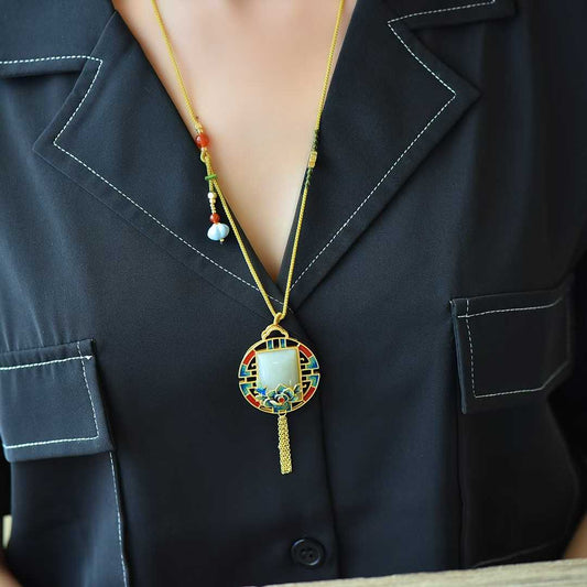 Vintage-Style Silver Inlaid Nephrite Square Enamel Pendant