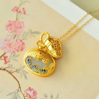 925 Silver-Inlaid Hetian Jade Enamel Pendant with "Money Bag for Wealth" & "Water for Fortune Turnaround" Design