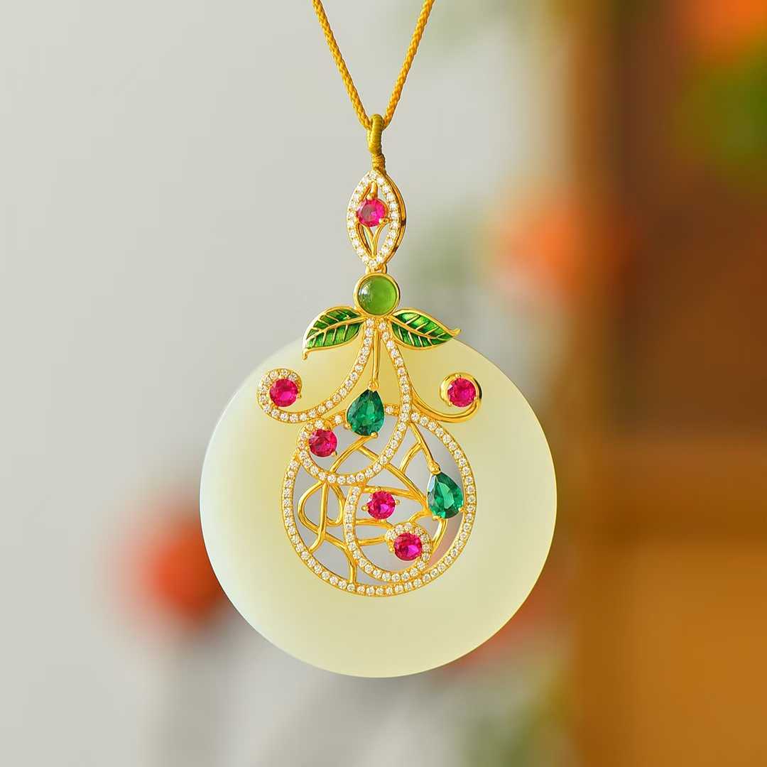 925 Silver Inlaid Hetian Nephrite "Peace Ring" Plain Silver Pendant with Colored Cubic Zirconia