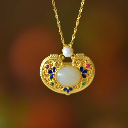 S925 Silver Inlaid Hetian Nephrite "All Wishes Come True & Ruyi Lock" Pendant
