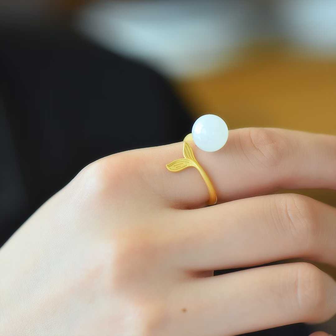 925 Silver Inlaid Hetian Nephrite Mermaid Tail Ring