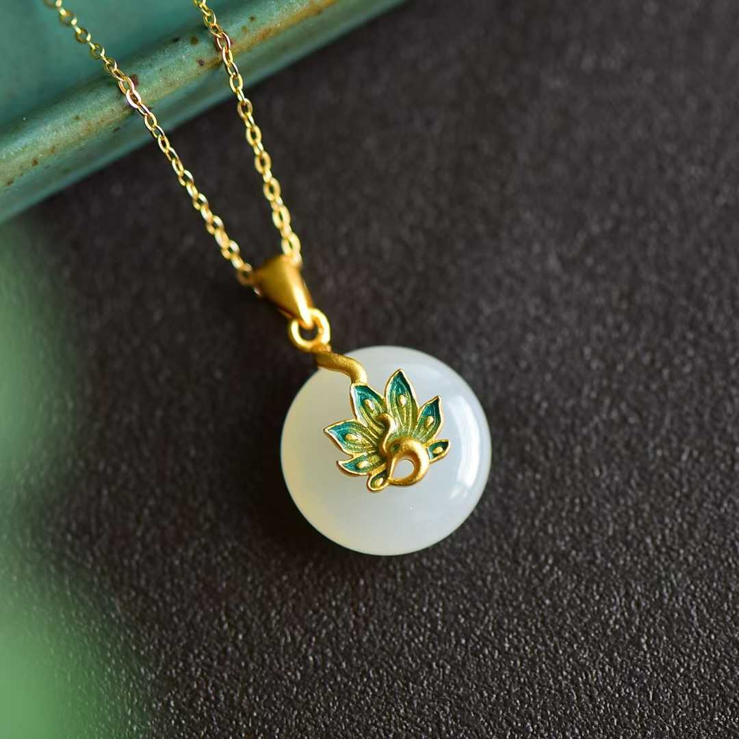 925 Silver Inlaid Hetian Enamel Peacock Spreading Its Tail Pendant