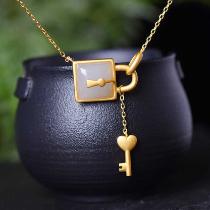 925 Silver Inlaid Hetian Nephrite "Smoky Gray Key & Lock" Pendant