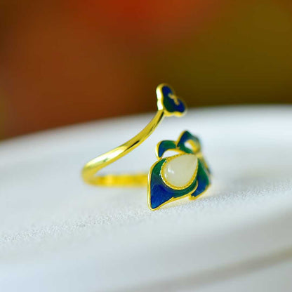 S925 Silver Inlaid Nephrite "Golden Branch Jade Leaf" Enamel Ring