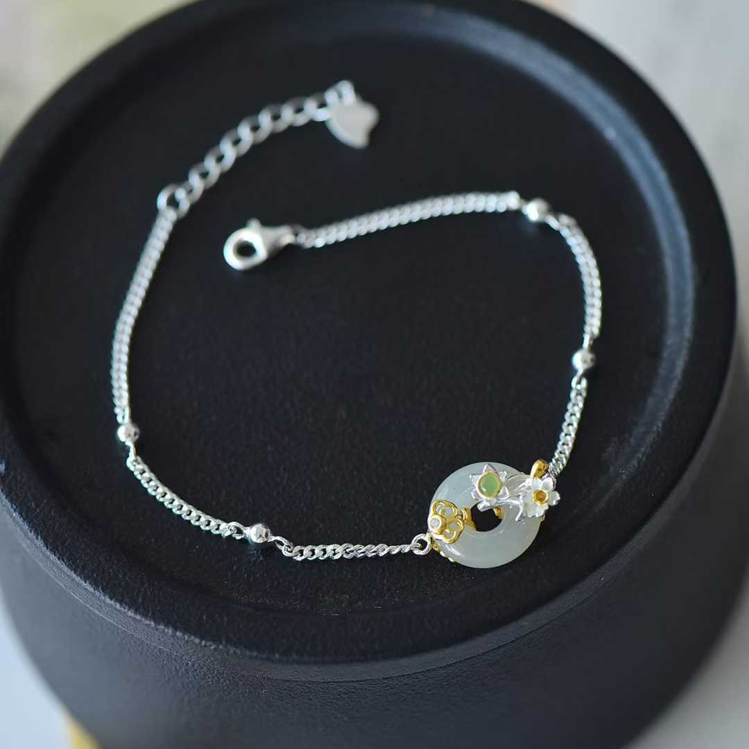 925 Silver Inlaid Hetian Nephrite "December Daffodil (Twelve Flower Gods)" Jewelry Set