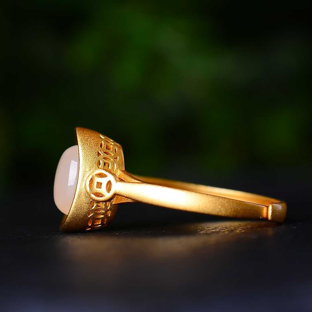 925 Silver Inlaid Hetian Jade Yuanbao Ring