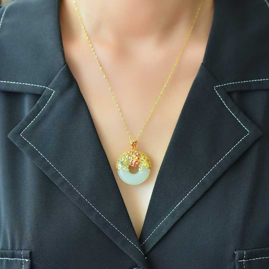 925 Silver Inlaid Nephrite "Peony Filigree Peace Ring" Pendant