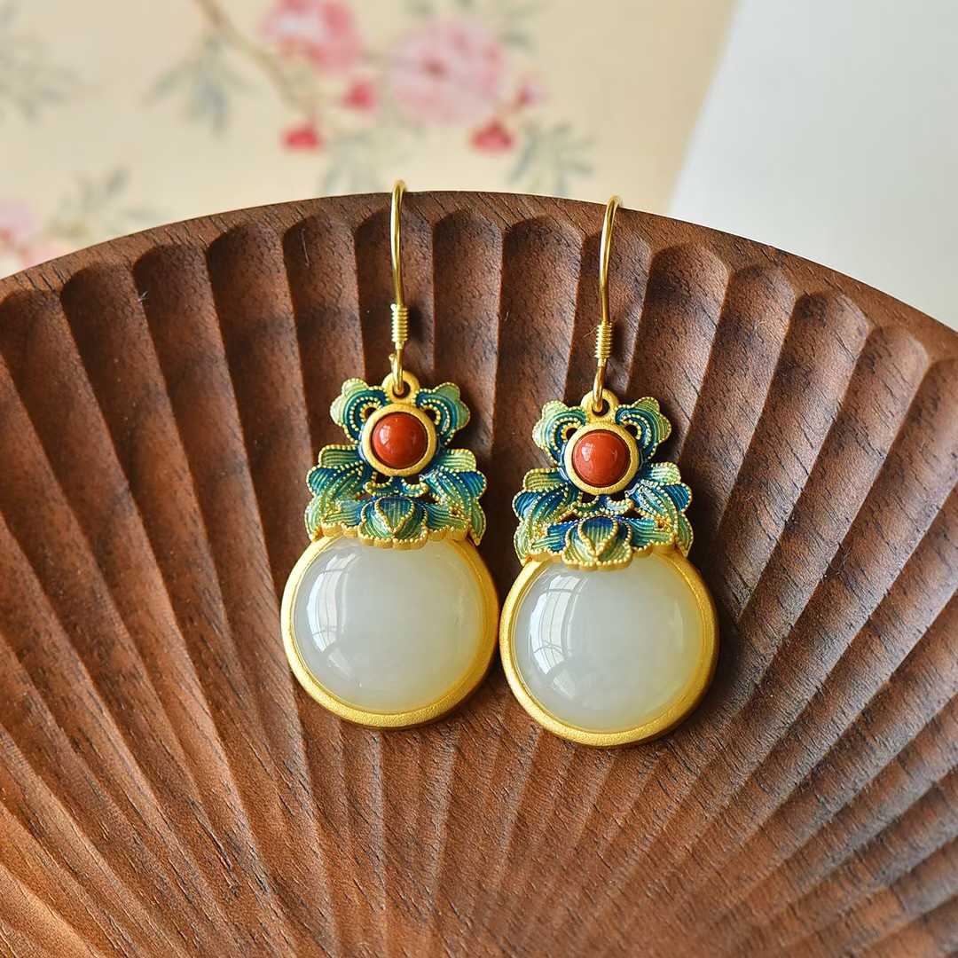 925 Silver-Inlaid Hetian Jade Enamel Earrings