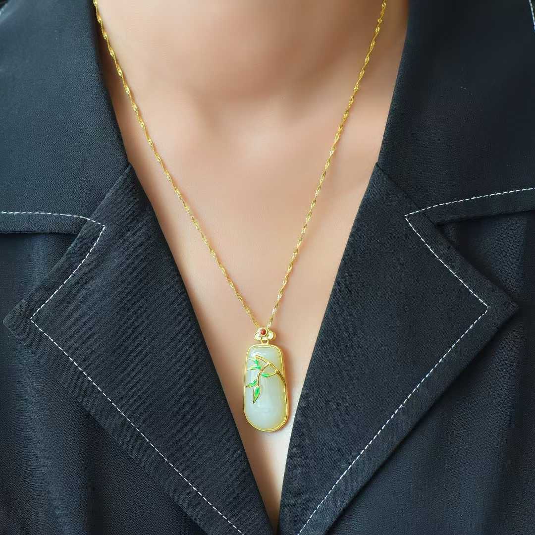 925 Silver-Inlaid Hetian Jade Pendant (Trapezoidal Peace Plaque, "Bamboo Conveys Peace" Design)