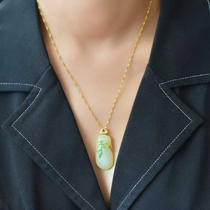 925 Silver-Inlaid Hetian Jade Pendant (Trapezoidal Peace Plaque, "Bamboo Conveys Peace" Design)